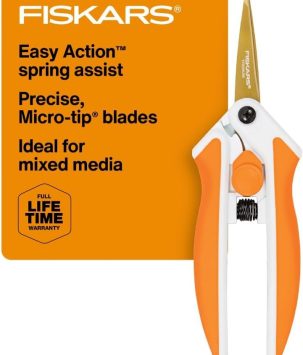 Fiskars Premier No. 5 Micro-Tip Easy Action Titanium Scissors - Stainless Steel Fabric and Mixed Media Scissors - Arts and Crafts - Orange